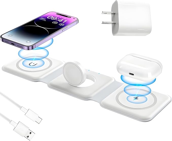 Apple Devices Charging Pad for iPhone 12 13 14 15 16 Pro Max iWatch Airpods - 3 in 1 Wireless Magnetic Foldable Travel Charger Station for Multiple Apple Devices Fast-Charging Charger Included