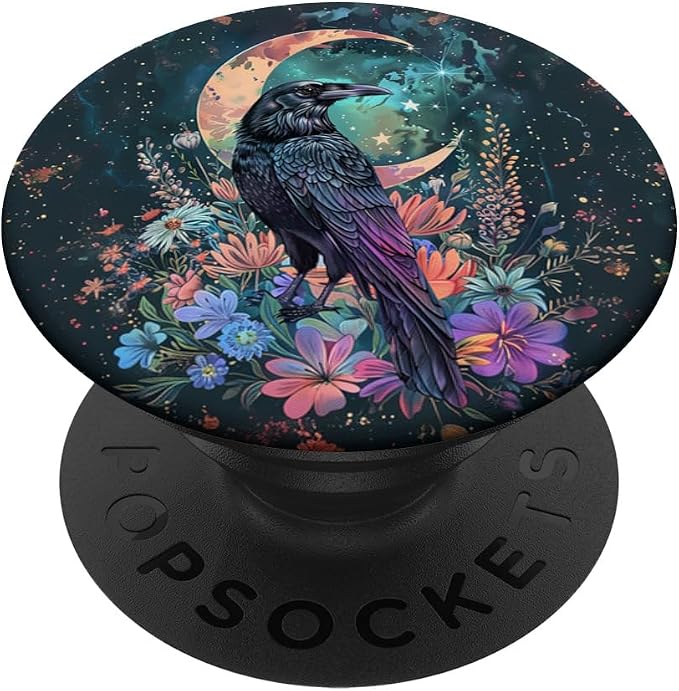Boho Chic Flower Raven Crow Crescent Moon Black Bird Floral PopSockets Standard PopGrip
