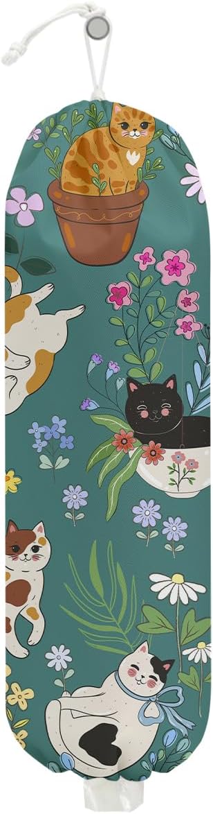 Garden Cat Plastic Bag Holder, Wall Mount Grocery Bag Holder, Plastic Storage bag, Pull Rope Free Adjustment, Plastic Bag Holders for Grocery Bags, Plastic Bag Dispenser for Home Kitchen