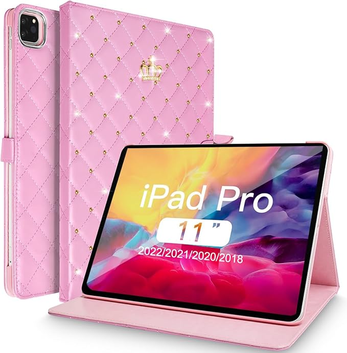 for iPad Pro 11 inch Case 2022(4th Gen)/2021(3rd Gen)/2020(2nd Gen)/2018 (1st Gen)Cute Crown Bling Diamond PU Leather Smart Auto Sleep/Wake Stand Shockproof Cover for iPad Pro 11 Inch Black