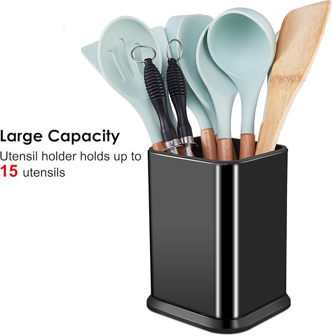 RedCall Stainless Steel Kitchen Utensil Holder for Countertop, Spoon Spatula Organizer,Modern Rectangular Large Cooking Utensil Caddy Counter,Utensil Crock (Stainless Steel Black)