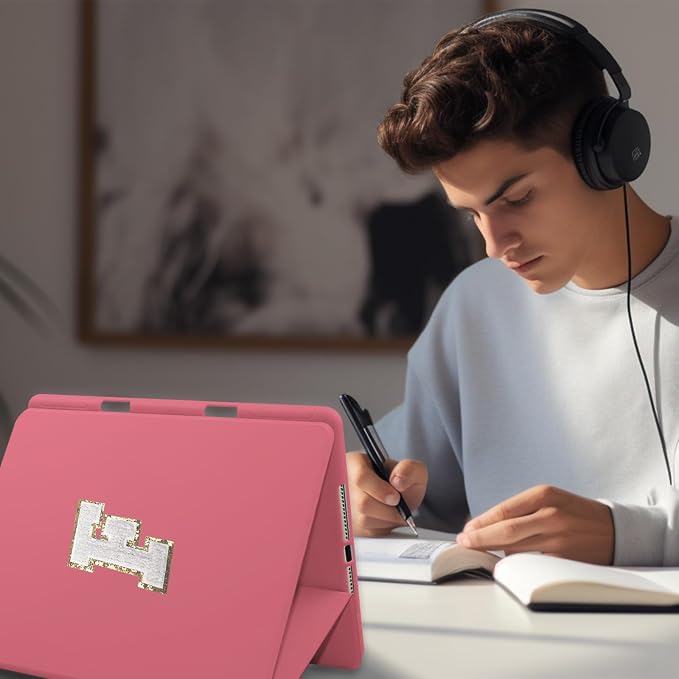 for iPad 9th Generation 10.2 Inch 2021/2020/2019 Case Initial Chenille Letter Suture Personalized for iPad 9th/8th/7th Generation Case with Auto Sleep/Wake Pencil Holder (Black A)