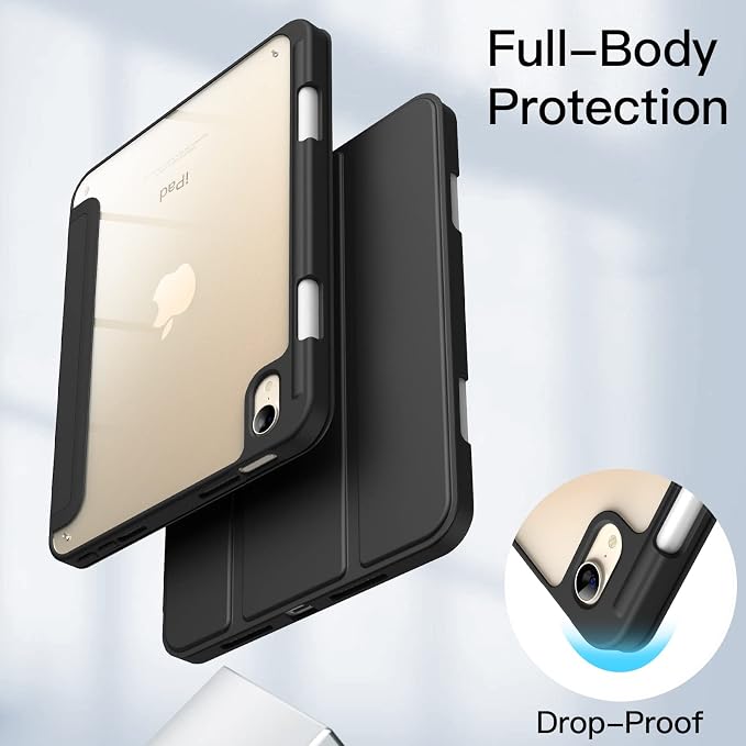 JETech Case Cover for iPad mini A17 Pro/6th Gen (2024/2021) Black | Clear Transparent Back Pencil Holder Slim Shockproof Protection Tri-Fold Stand Auto Wake/Sleep