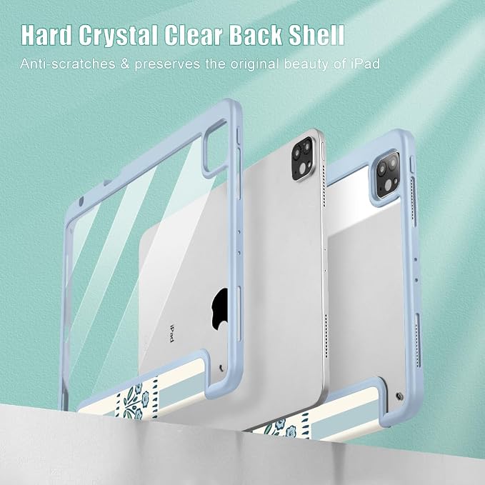 Mektron Case for iPad Pro 11 inch Case M2 2022 Generation 4th Fit 2021 2020 2018 iPad Pro 11 (3rd 2nd &amp 1st Gen) -Buit in Pencil Holder with Shockproof Cover Clear Shell Blue Bows &amp Flower
