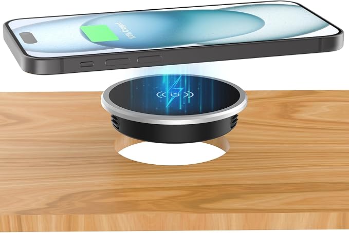 Recessed Magnetic Wireless Charger 15W Hidden Desk Mount for iPhone 17-12 | Qi Certified Fast Wireless Charging PadFlush Mount Design Under Desk Installation Space Saving Office Desk Nightstand