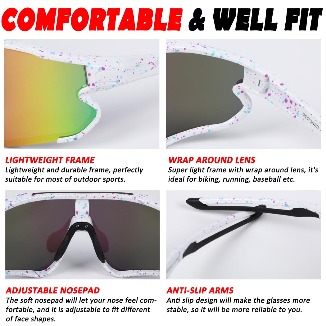ITSCOOL Polarized Sports Sunglasses for Men Women Lightweight Softball Baseball Running Cycling Glasses UV Protection White Pink