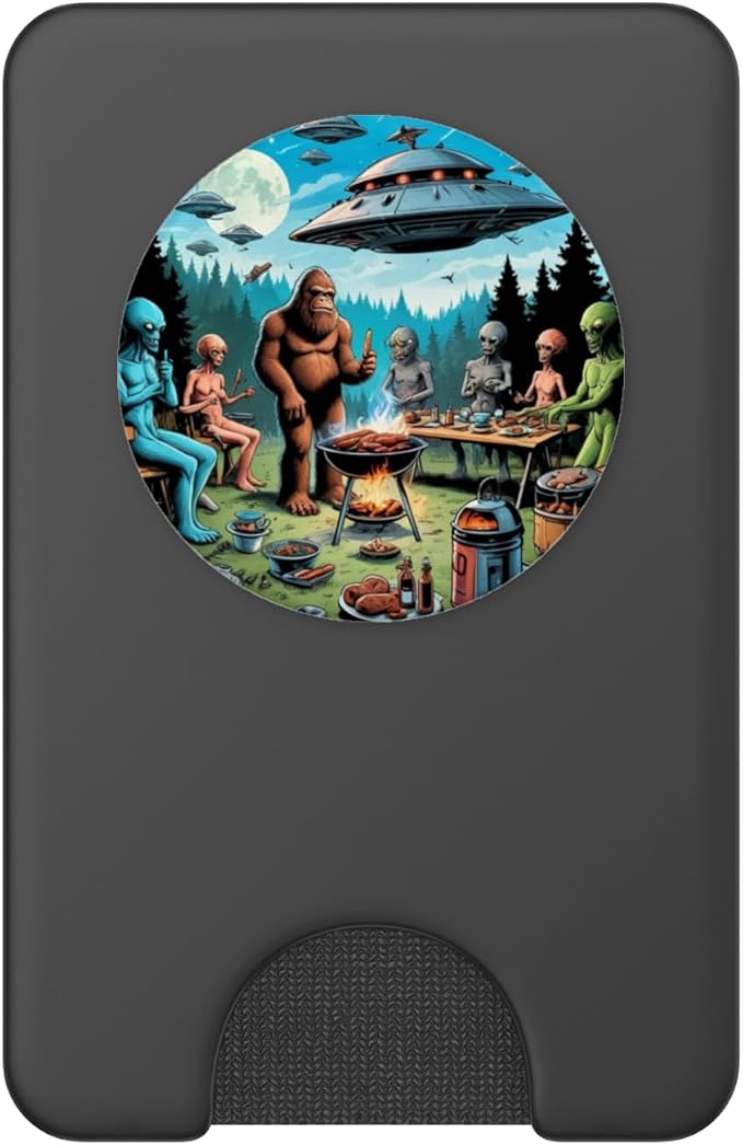 Alien and Bigfoot BBQ UFO Illustration Print PopSockets PopWallet for MagSafe