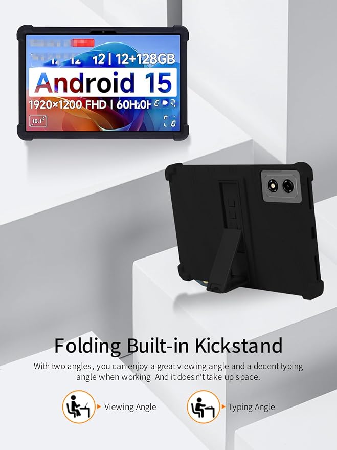 for BNCF 2025 Android 15 10.1 Inch Tablet CaseBOVUGAC Soft Silicone Adjustable Stand Shockproof Kids Friendly for BNCF 2025 Android 15 10.1 Tablet(Black)