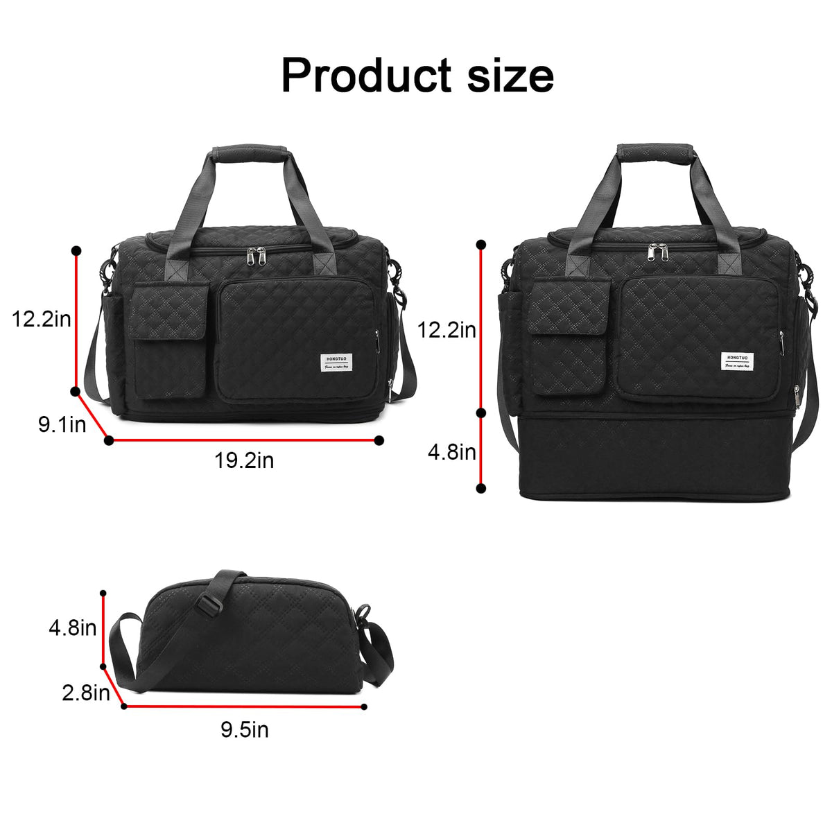 Black Weekender Travel Bag for Women with Shoe Compartment, Waterproof Extendable Travel Duffle Bag, Overnight Gym Tote Bag, Carry On Bag with Toiletry Bag