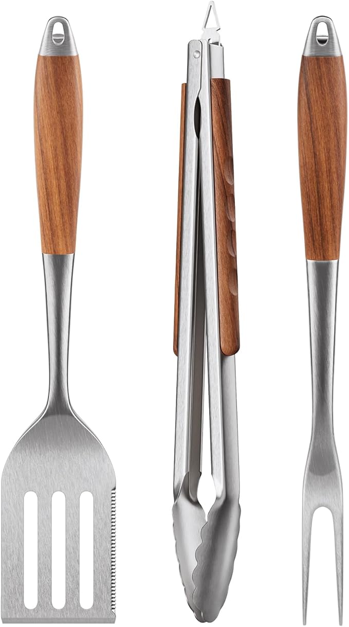 ENLOY Heavy-Duty Rose Wooden Barbecue Grilling Tools Set, Stainless Steel