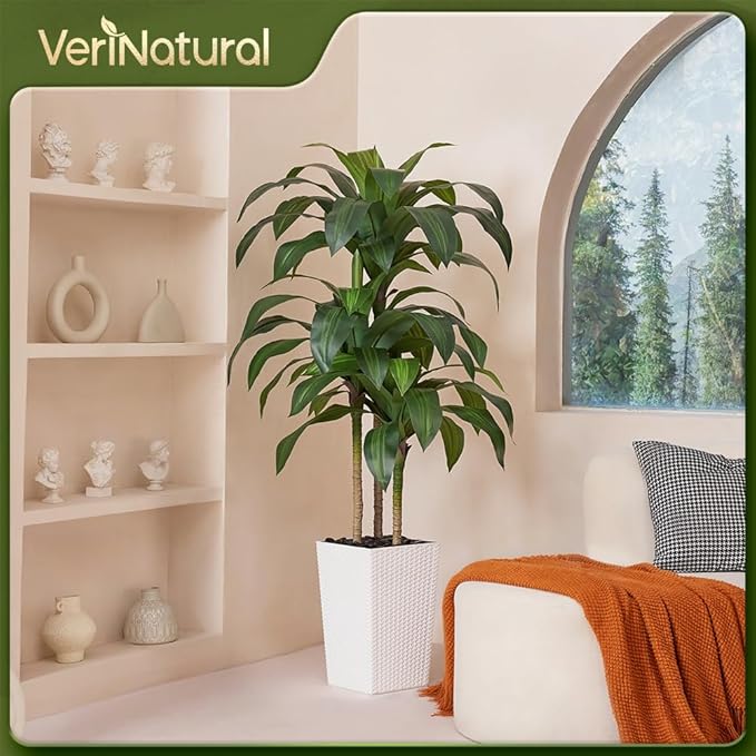 Artificial Dracaena Tree 5FT - Fake Tree with White Taper Planter & Pebbles - UV Resistant Faux Yucca Tropical Plant - Artificial Trees for Home Office Living Room Decor Indoor Outdoor