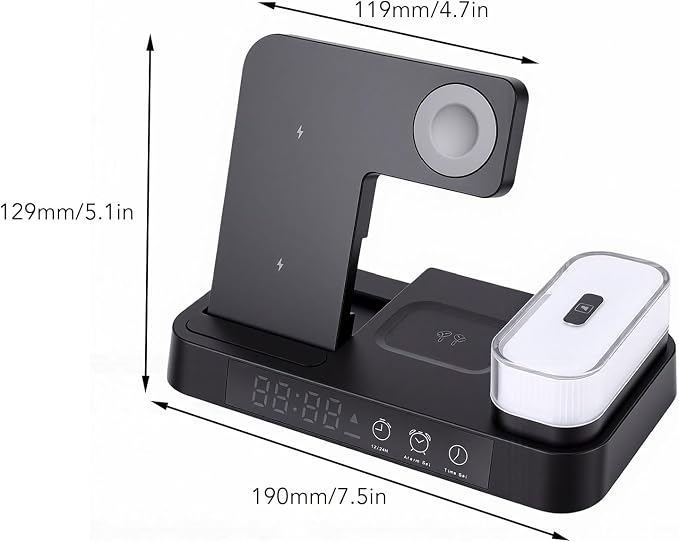EBTOOLS 4 in 1 Magnetic Charging Station Wireless Charger Stand with LED Display Digital Clock Alarm RGB Night Light for Smartphones Watch Earbuds (Black)