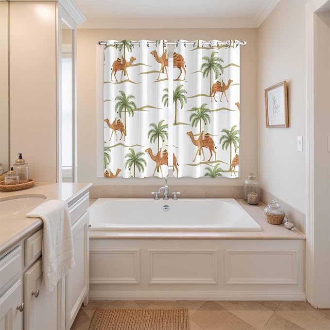 2 Panel Kitchen Cafe Curtains, Desert Camels Sunlight Filtering Nature Air