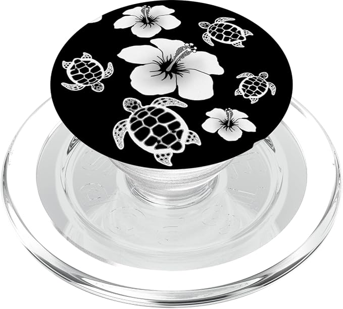 Black and White Hawaiian Island Floral Turtles PopSockets Adhesive PopGrip