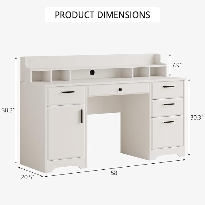 Executive Desk with Hutch, 58 Inch White Computer Desk with 5 Drawers, Home Office Desk with Storage, Rustic Desk with Adjustable Shelves and Storage Cabinet for Bedroom