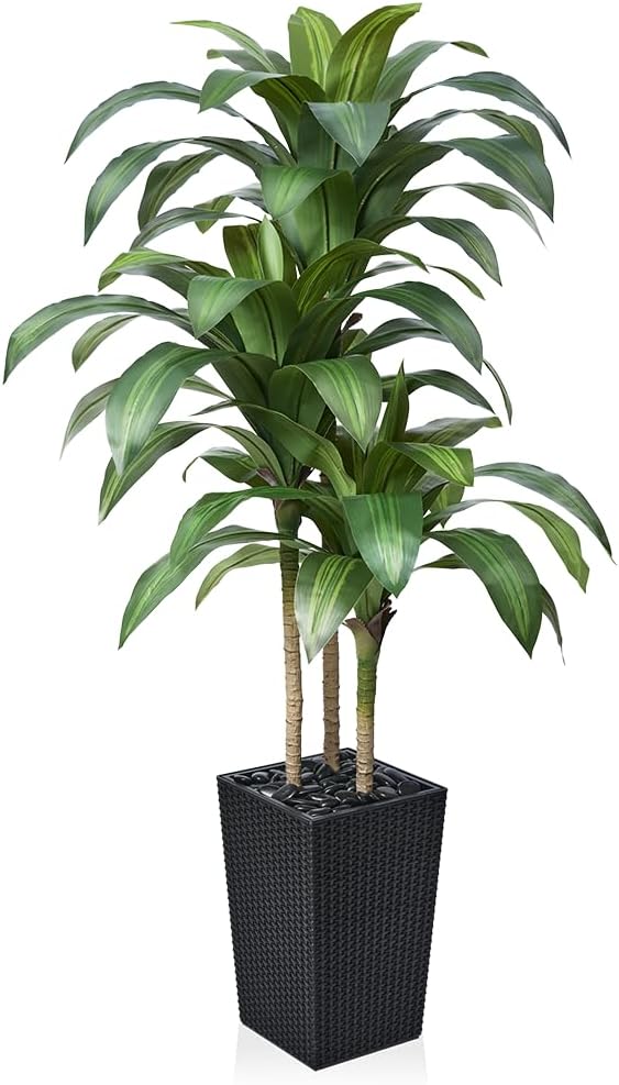 Artificial Dracaena Tree 5FT - Fake Tree with Black Taper Planter & Pebbles - UV Resistant Faux Yucca Tropical Plant - Artificial Trees for Home Office Living Room Decor Indoor Outdoor