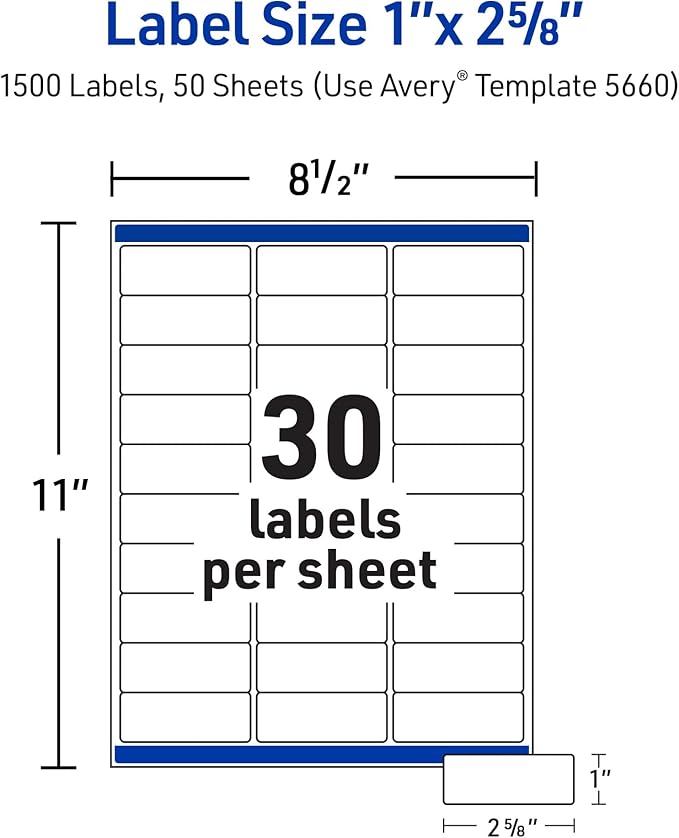 Avery Printable Address Labels, Sure Feed Technology, 1" x 2-5/8", Matte Clear, Laser Printable, 1,500 Blank Labels per Pack, Great for Mailing, Branding, and More (5-Pack of 5660)