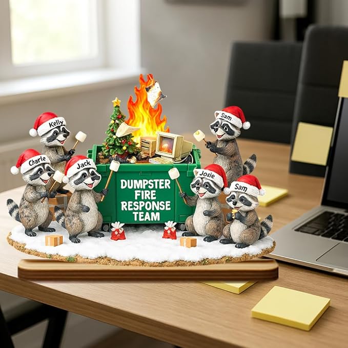 Funny Raccoon Dumpster Fire Response Team Wooden Plaque 2025, Personalized Flaming Dumpster Sign, Custom Name Group Plaque, Matching Holiday Decor for Coworkers
