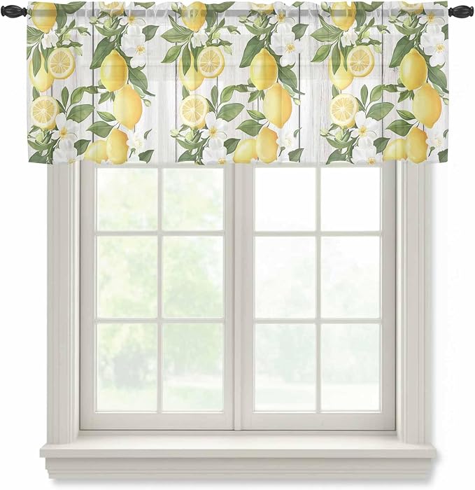 Spring Summer Lemon Sheer Valance Curtains, Leaf Flower White Wood Grain Light
