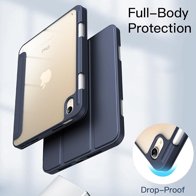 JETech Case Cover for iPad mini A17 Pro/6th Gen (2024/2021) Black | Clear Transparent Back Pencil Holder Slim Shockproof Protection Tri-Fold Stand Auto Wake/Sleep