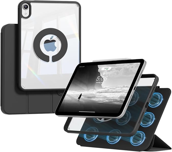 kenke Smart Case for iPad mini 7 A17 Pro/iPad mini 6 8.3 Inch Black | iPad Mini Case 2024/2021 Detachable Magnetic Clear Hard PC Back Slim Trifold Stand Cover Auto Wake/Sleep Touch ID