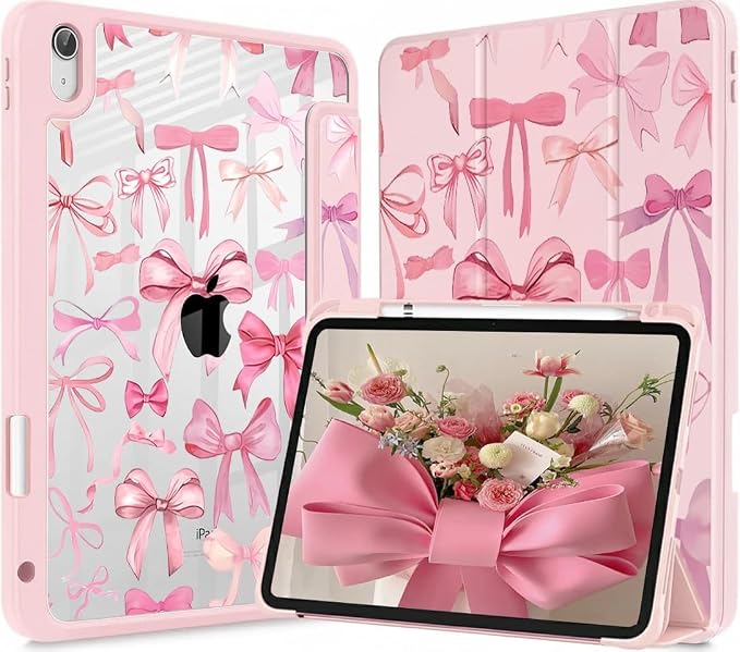 for iPad A16 11 Inch 2025 /for iPad 10th Generation 10.9 Inch 2022 Cute iPad Black Case with Pencil Holder-[Auto Wake/Sleep] Trifold Stand Soft TPU Protective Cover Pink Bows