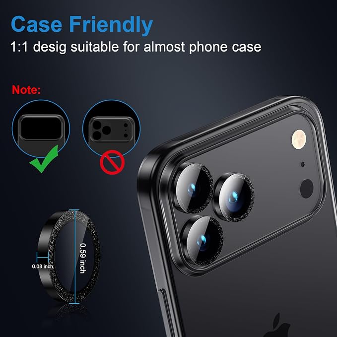 Korecase for iPhone 17/iPhone 16/iPhone 16 Plus Camera Lens Protector Bling 9H Tempered Glass Anti Scratch Camera Screen Protector Shockproof Film Metal Ring Lens Protector Glitter-Black