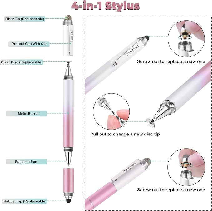 Penyeah Stylus 4-in-1 Stylus Pen for Touch Screen High Precision and Sensitivity DiscMesh2 Sized Rubber Tips Universal for iPhone/iPad/Android/Samsung/HP Tablets All Capacitive Touch Screens-Blue