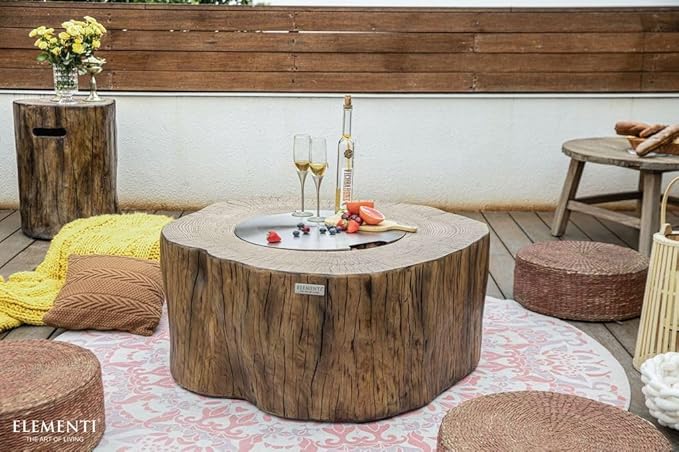 Elementi | Bundle Manchester Gas Fire Pit Cast Concrete Semi-Round Fire Table, Outdoor Fire Pit Electronic Ignition | Canvas Cover, Lava Rock Included | Red Wood (Propane Gas)