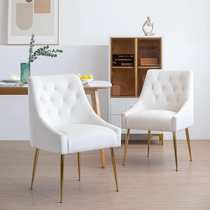 Modern Dining Chairs Set of 4, Mid Century Chairs with 5.12” Cushions and Golden Legs, Velvet Upholstered Dining Chairs with Back Pull Rod, for Kitchen, Living Room (Beige)