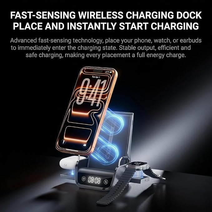 4 in 1 Wireless Charging Stand with Digital Clock 22.5W Fast Wireless Charger Station for iPhone Apple Watch &amp AirPods