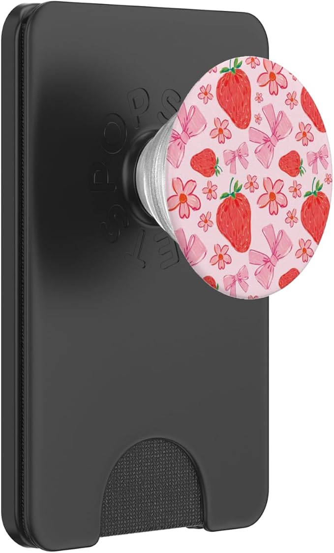 Cute Pink Strawberry Bow Pattern Girly Aesthetic Flower PopSockets Adhesive PopGrip