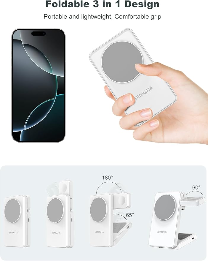 2025 Upgraded Wireless Charger for Apple: 3 in 1 Charging Station Foldable Fast for Apple iPhone 16/15/14/13/12 Max Plus Series - Portable Travel Charger for Apple Watch/Airpods Pro (White)