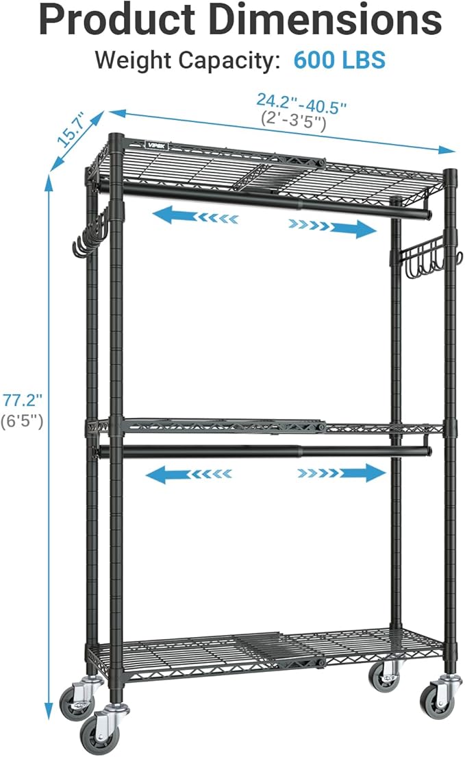 VIPEK R2X Expandable Portable Closet with Lockable Wheels, 600lbs Capacity Heavy Duty Rolling Clothes Rack w/Adjustable Shelves & Hanger Rod (2' to 3'5"), Metal Clothing Rack for Small Spaces (Black)