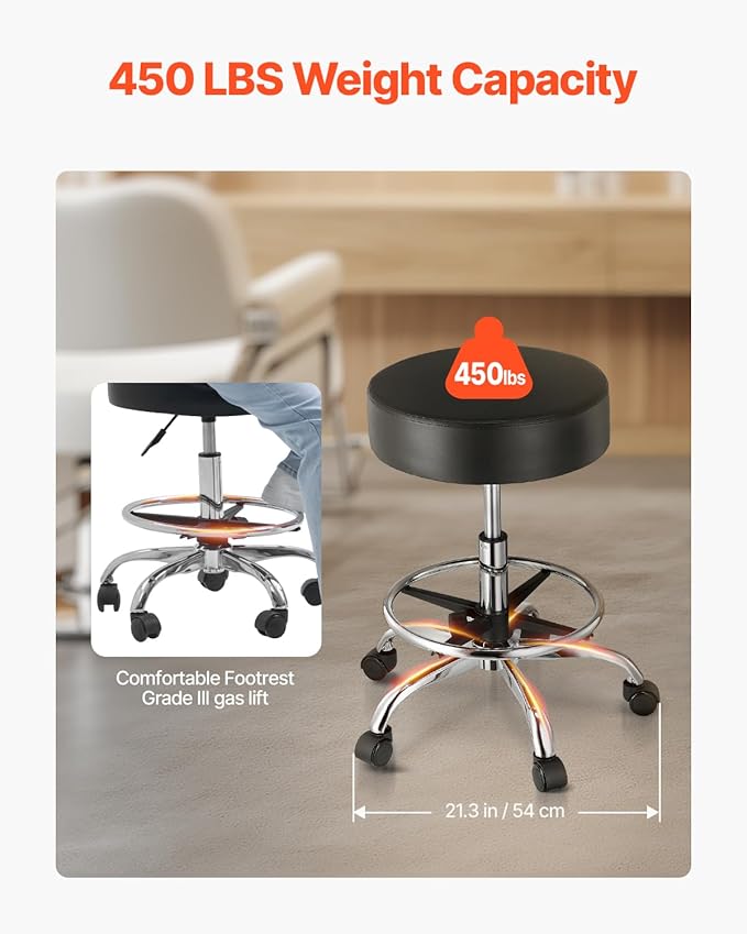 VEVOR Rolling Stool with Foot Rest and Wheels, 450 LBS Weight Capacity Round Rolling Stool Chair, Height Adjustable Thickened PU Leather Swivel Stool for Salon, Spa, Massage, Tattoo, Clinic, Black