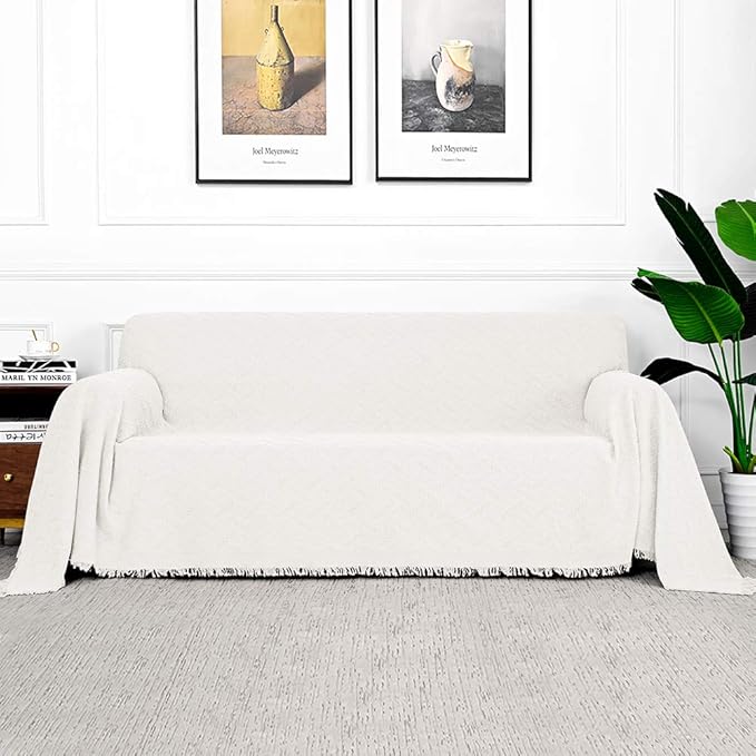 MYSKY HOME White Sofa Covers for 3 Cushion Couch Geometrical Sectional Sofa Couch Cover Living Room Sofa Throws Sofa Slipcovers for Pets, Kids (XXX-Large, 91" x 150", White)