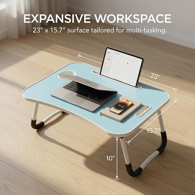 BUYIFY Folding Lap Desk, 23 Inch Portable Wood Blue Laptop Bed Desk Lap Desk with Cup Holder, for Working Reading Writing, Eating, Watching Movies for Bed Sofa Couch Floor- new005 Blue