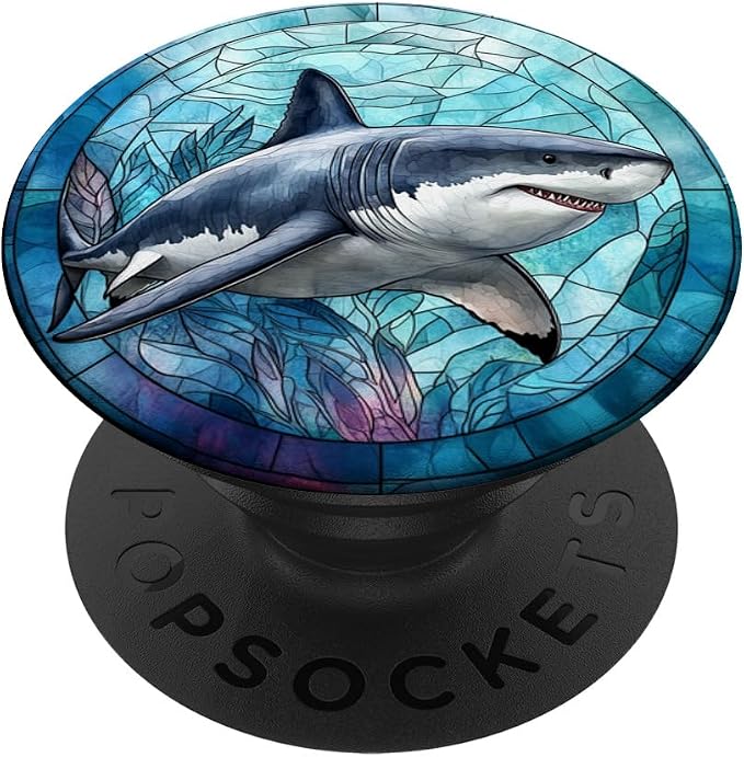 Stained Glass Mosaic Ocean Great White Shark PopSockets Adhesive PopGrip