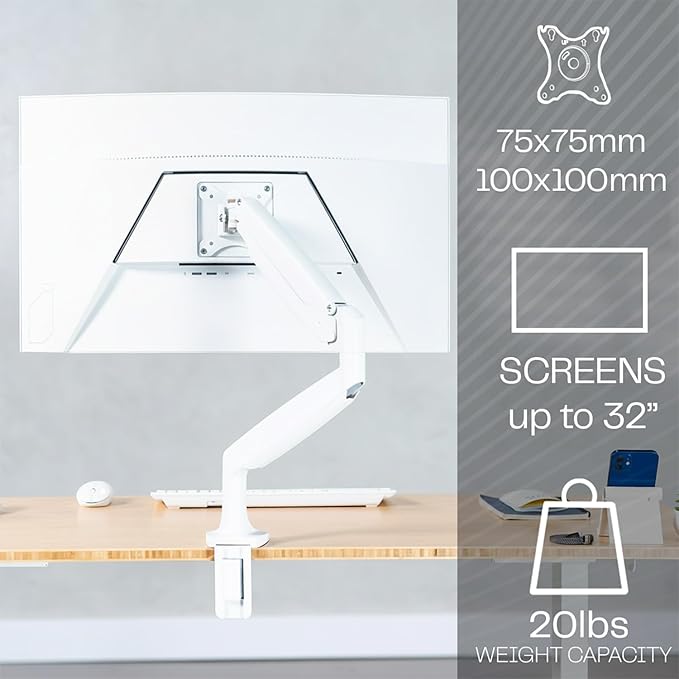 VIVO Premium Aluminum Height Adjustable Single Monitor Articulating Desk Mount Stand with Pneumatic Arm, Fits up to 32 inch Screen, White, STAND-V001QW