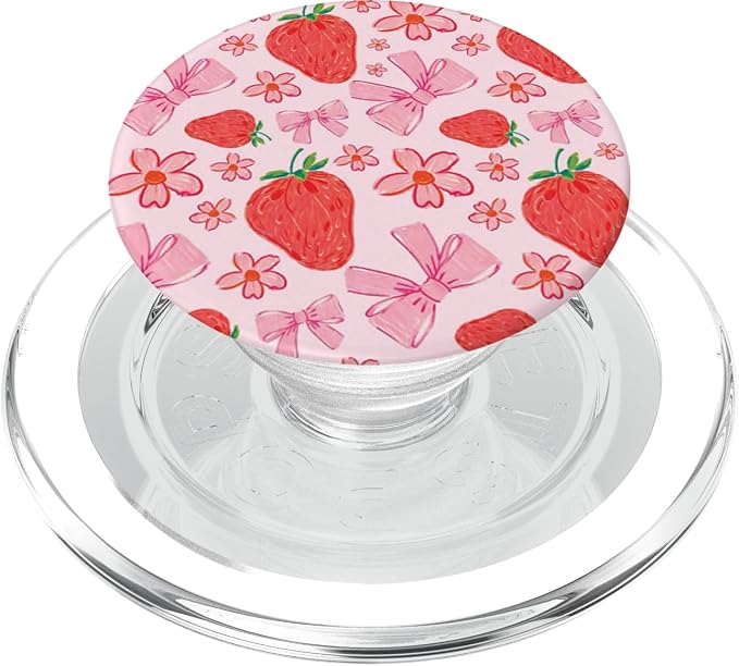 Cute Pink Strawberry Bow Pattern Girly Aesthetic Flower PopSockets Adhesive PopGrip