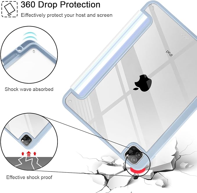 Mektron Case for iPad Pro 11 inch Case M2 2022 Generation 4th Fit 2021 2020 2018 iPad Pro 11 (3rd 2nd &amp 1st Gen) -Buit in Pencil Holder with Shockproof Cover Clear Shell Blue Bows &amp Flower
