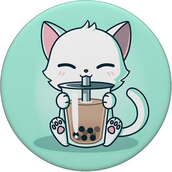 Cute Boba Kit Tea Cat Enjoying Tea Pet Kitty Lover Green PopSockets PopGrip: Swappable Grip for Phones &amp Tablets