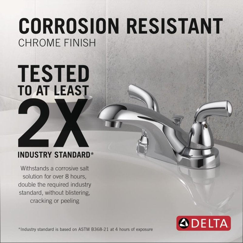 Delta Faucet Foundations Centerset Bathroom Faucet, Chrome 2-Handle Bathroom Faucet, Delta Bathroom Sink Faucet, Metal Push-Pop Drain Assembly, Chrome B2510LF