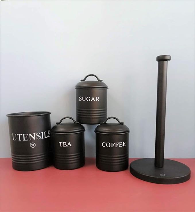 Steelware Central Black Kitchen Canister Set of 3 - Airtight Food Storage Containers with Lids for Sugar, Coffee & Tea, Stainless Steel Countertop Decorative Jar Set