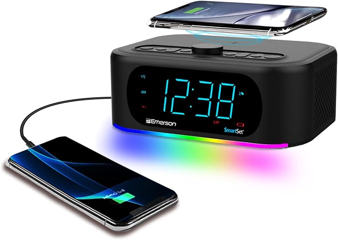 Emerson ER100202 Smartset Dual Alarm Clock Radio with USB Port and QI Wireless Phone Charger with Bluetooth All Qi Compatible Phones