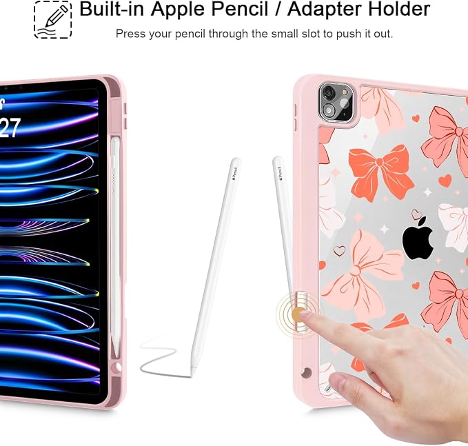 Case for iPad 12.9 Inch (6th/5th/4th/3rd Generation 2022/2021/2020/2018) Pencel Holder + Trifold Support Auto Sleep/Wake Transparent Shockproof Back Cover Abstract Floral SD163