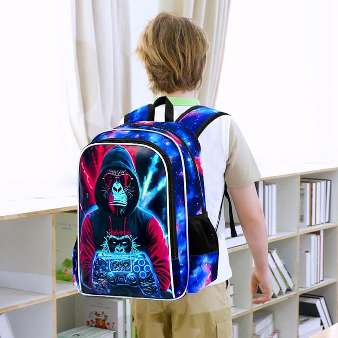 gxtvo 3PCS Game Backpack for Kids, 17" Boys Gorilla Bookbag with Lunch Box, Water Resistant Middle Elementary School Bag - Gaming Gorilla