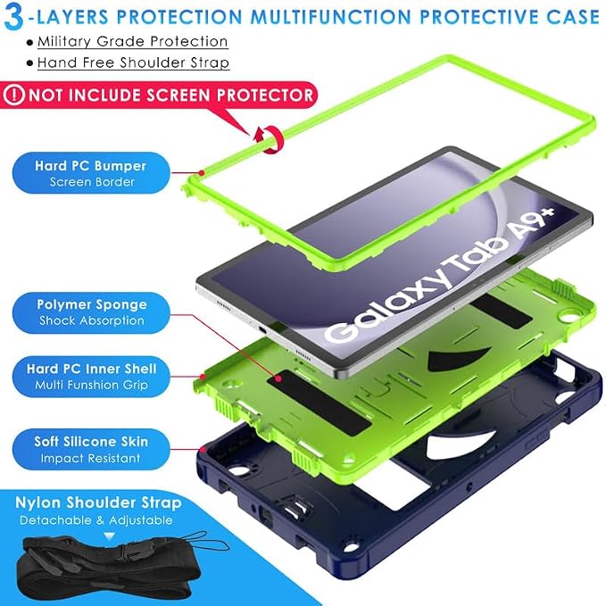 DETUOSI Case for Samsung Galaxy Tab A11+ Plus 11 2025/ A9+ Plus 2023 with Shoulder Strap 3-Layers Hybrid Heavy Duty Full-Body Shockproof4-Angles Viewing Protective Cover