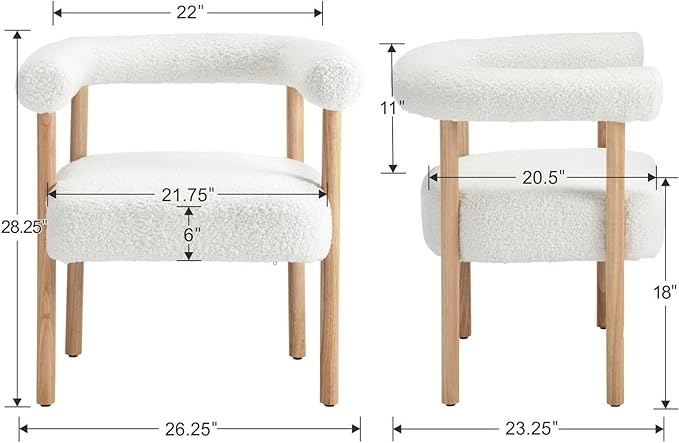 White Boucle Dining Chairs Set of 4, Modern Upholstered Dining Chairs, Curved Backrest Kitchen Dining Room Chairs Accent Chairs Arm Chairs with Natural Wood Legs