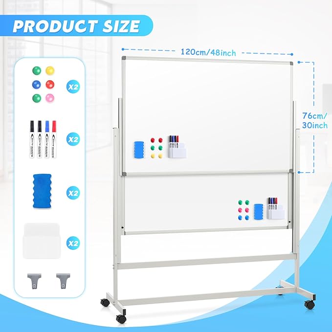 MAKELLO Rolling Whiteboard 60"x48", Large Magnetic Mobile White Board on Wheels, Double-Sided Dry Erase Board for Home Office School, Height Adjustable, 5'x4'
